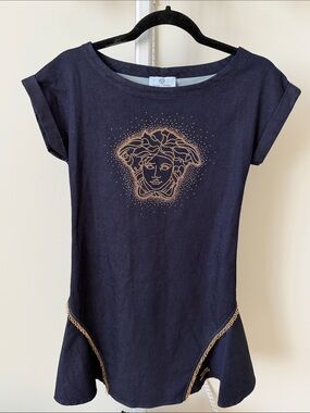Versace Young Versace girls denim Navy dress with Gold Medusa Detail, 10-12Y